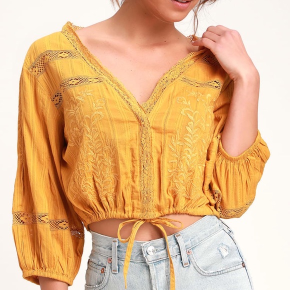 Free People Tops - Free People Golden Yellow Embroidered Crop Top